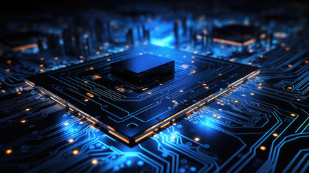 Wallpaper, abstract background, dark tech background with illuminated blue tech circuits and, in the style of screen format, light indigo, lightboxの素材