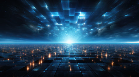 Wallpaper, abstract background, the star is blue and there are lights surrounding it, in the style of early computer art, architectural perspectivesの素材
