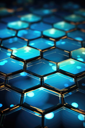 an abstract blue background of hexagons and technology, in the style of intertwined networks, luminescence, dark cyan and blackの素材