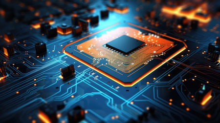 Wallpaper, abstract background, abstract circuit board design with orange and green light rays, in the style of dark orange and azure, detailed crosshatchingの素材