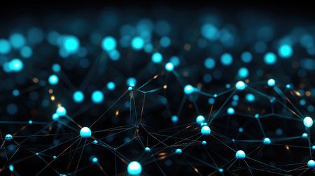 an electronic background of blue points, in the style of geodesic structures, light black and turquoise, social network analysis, delicate linesの素材