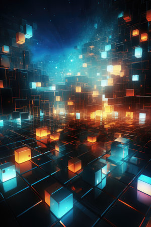 abstract background with colorful squares and triangles, in the style of neon-lit urban, fractal patternsの素材