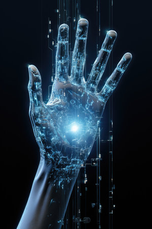 a hand hitting a futuristic based background image, in the style of light navy and light cyan, delicate constructionsの素材