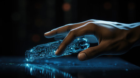 the concept of technology touching a human hand with dark background, in the style of futuristic spacecraft design, light blueの素材