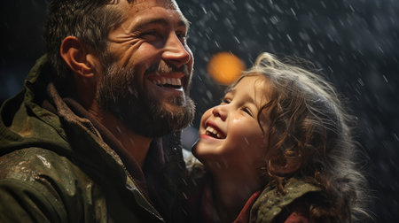 smiling father with daughter in rainy day outdoors, in the style of joyful chaos.の素材