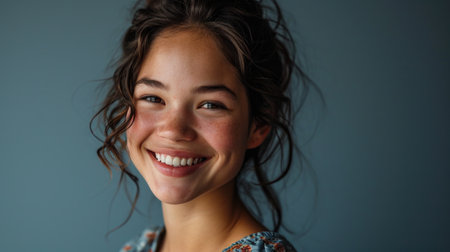 Close up portrait of a beautiful young woman smiling and looking at cameraの素材