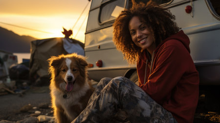 A man standing next to a dog.の素材