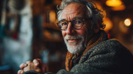 a man with glasses shaking hands with someone while sitting at an office.の素材