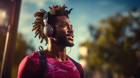 Portrait of african american muscular man listening to music with headphones, fit young man relaxing after workout outdoors in nature, sport concept, motivation.の素材