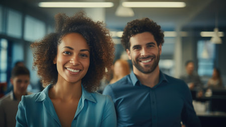 a smiling African woman standing in a business office in a blue shirt, in the style of youthful energy.の素材