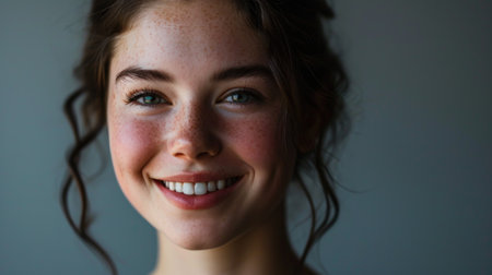 Close up portrait of beautiful young woman smiling and looking at camera. Pretty girl with freckles on her face.の素材