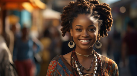 woman in a striped jacket smiling in an urban street, amber, afro-colombian themes, light-focused.の素材