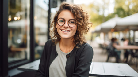 a young woman with glasses smiles while sitting in office, in the style of organic and naturalistic compositions.の素材