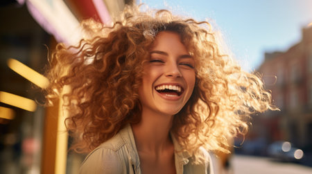 happy blonde woman with curly hair is smiling and laughing in the city on a sunny day, in the style of Ashcan school.の素材