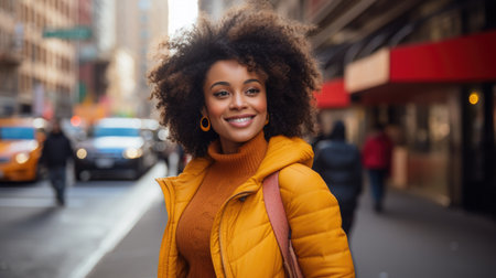 a young woman is smiling at the camera in a dark street, in the style of multicultural fusion.の素材