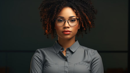 portrait of African American young woman with glasses standing with arms crossed.の素材