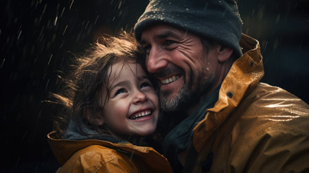an image of a father and little girl laughing in the rain, in the style of joyful celebration of nature.の素材