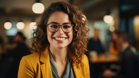 young female business officer in a yellow jacket smiling at a meeting.の素材