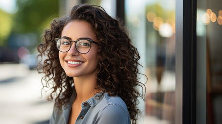 smiling woman in glasses is smiling by window, in the style of clear edge definition, future tech.の素材