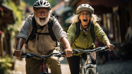old couple laughing while riding bicycles in autumn, in the style of adventure themed.の素材