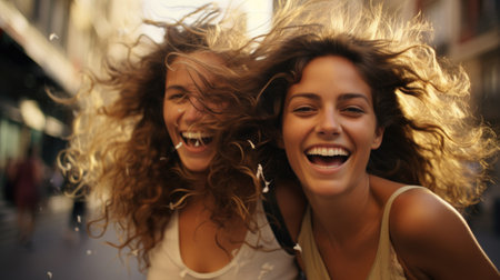 two young women showing off for their friends, wavy, close-up, city portraits.の素材