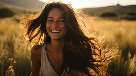 woman smiles with long hair in a field, in the style of golden light, photorealistic scenes.の素材