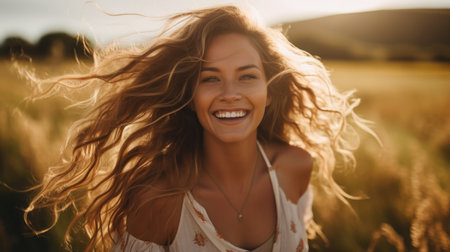 woman smiles with long hair in a field, in the style of golden light, photorealistic scenes.の素材