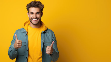 young smiling man with thumbs up, holding something over yellow background.の素材