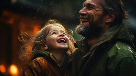 smiling father with daughter in rainy day outdoors, in the style of joyful chaos.の素材