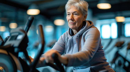 aerobic senior woman on stationary bikes in gym, in the style of light indigo and silverの素材