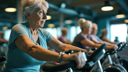 aerobic senior woman on stationary bikes in gym, in the style of light indigo and silverの素材