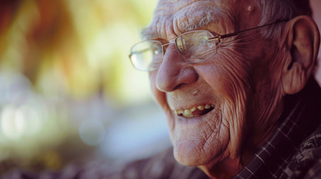 an elderly man with glasses is smiling and talking, in the style of bokeh panoramaの素材