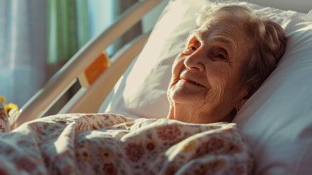 smiling woman in hospital bed, in the style of light gold and pinkの素材