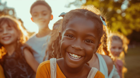 group of multiracial children outside having fun on a sunny dayの素材