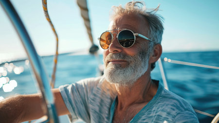 smiling elderly man driving a boat in the sea, in the style of refined aesthetic sensibilityの素材