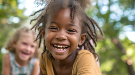 happy smiling childhood multicultural kids are playing together in the parkの素材