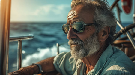 smiling elderly man driving a boat in the sea, in the style of refined aesthetic sensibilityの素材