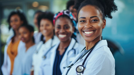 happy African American female doctor standing at the end of groupの素材