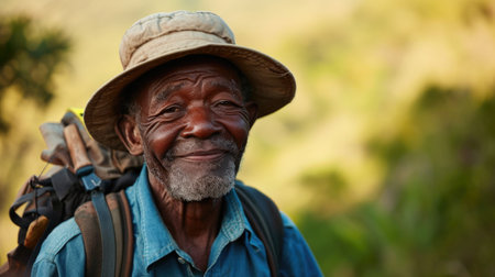 aging black man smiling while hiking the trailsの素材