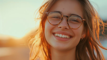 a beautiful girl with glasses smiles smiling outdoorsの素材