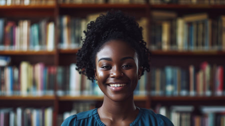 African American woman in library smilingの素材