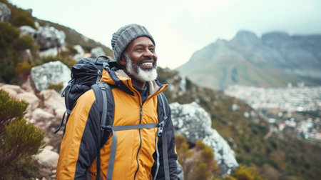an older man smiling while hiking, in the style of Afrofuturism-inspiredの素材