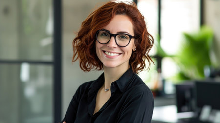 smiling woman with glasses and dark red hair in a business officeの素材