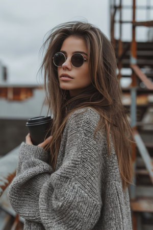 Casually Chic Woman Outdoors on Urban Staircaseの素材