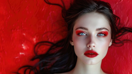 Fierce Portrait of Woman Against Striking Red Backgroundの素材