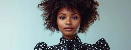 Chic Woman in Black Blouse with White Polka Dots on Gradient Backgroundの素材