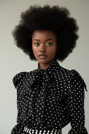 Chic Woman in Black Blouse with White Polka Dots on Gradient Backgroundの素材