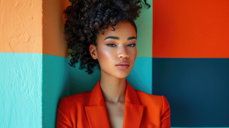 Bold Woman in Two-Tone Blazer Against Geometric Backgroundの素材