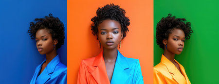 Bold Woman in Two-Tone Blazer Against Geometric Backgroundの素材