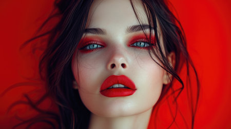 Fierce Portrait of Woman Against Striking Red Backgroundの素材